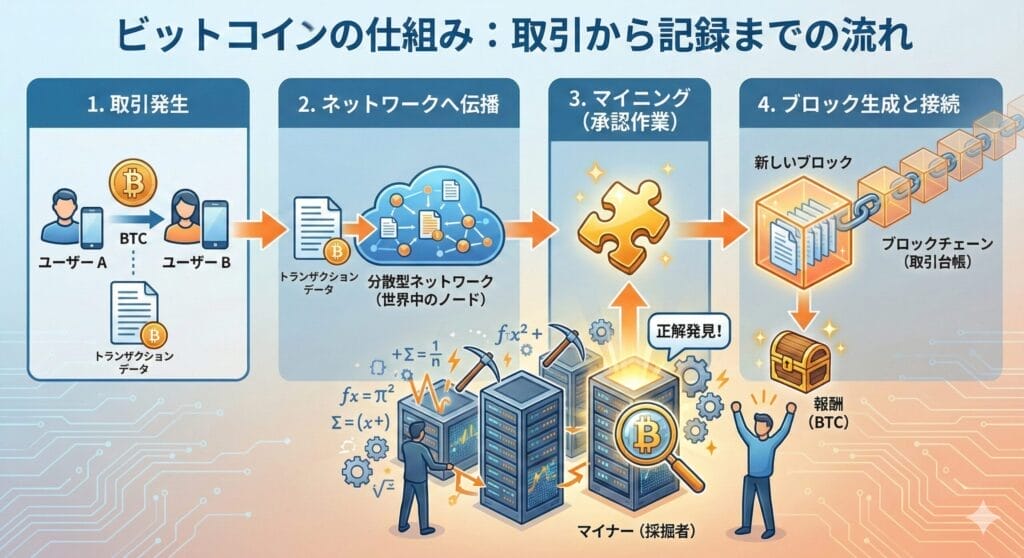 ...不正な取引を混入させるにはネットワーク全体の過半数の計算能力を支配する必要があり、事実上不可能です。

💡 よくある誤解：「マイニング＝新しいコインを掘り出す作業」と思われがちですが、本質は「取引の検証・承認」です。報酬としてBTCを受け取れるのは、その対価にすぎません。