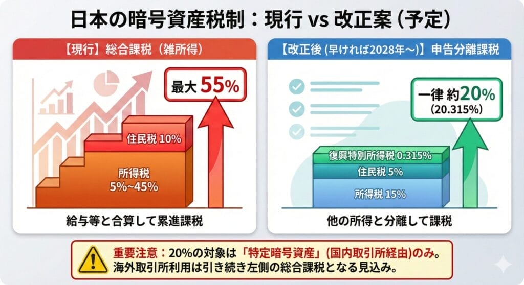 項目現行制度改正後
課税方式総合課税（雑所得）申告分離課税
所得税率5%〜45%（累進）15%
住民税率10%5%
合計税率最大55%一律20.315%
損失の繰越不可3年間の繰越控除