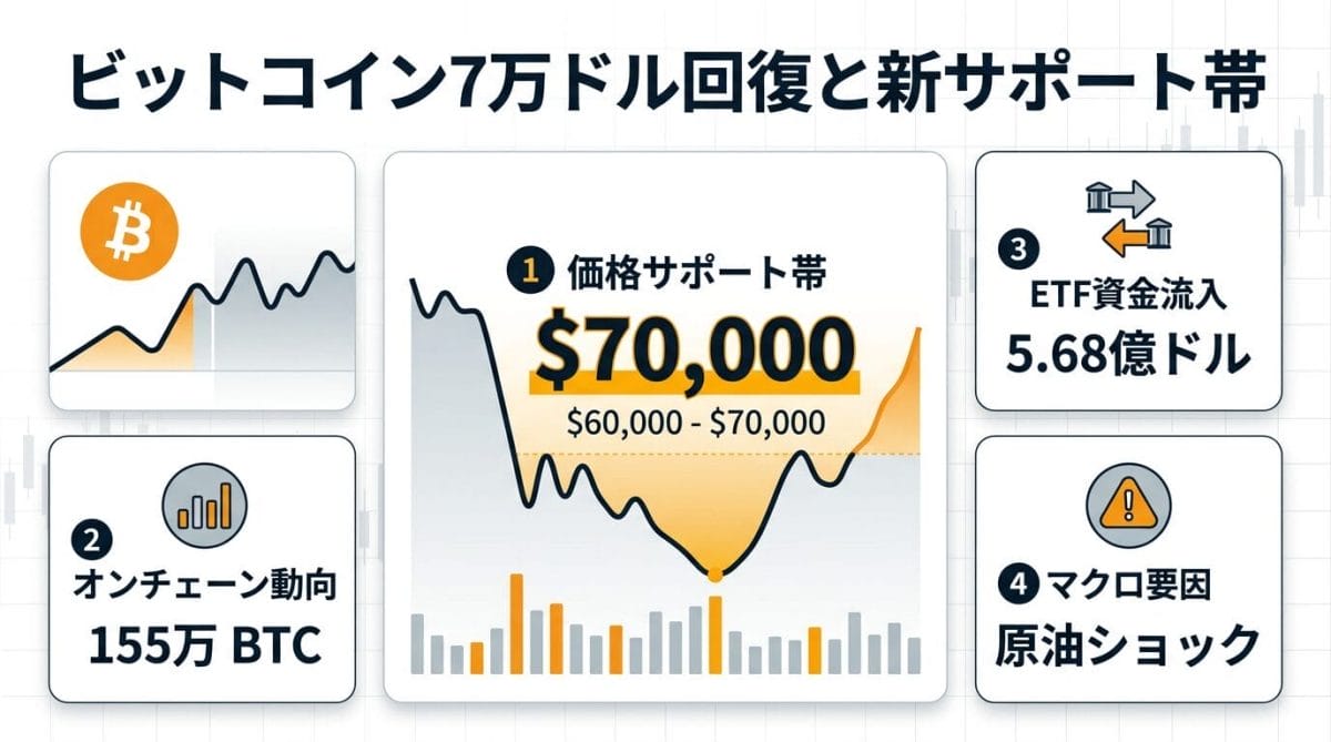 図解：原油ショックによるBitcoin価格変動とオンチェーンサポートゾーンの概要