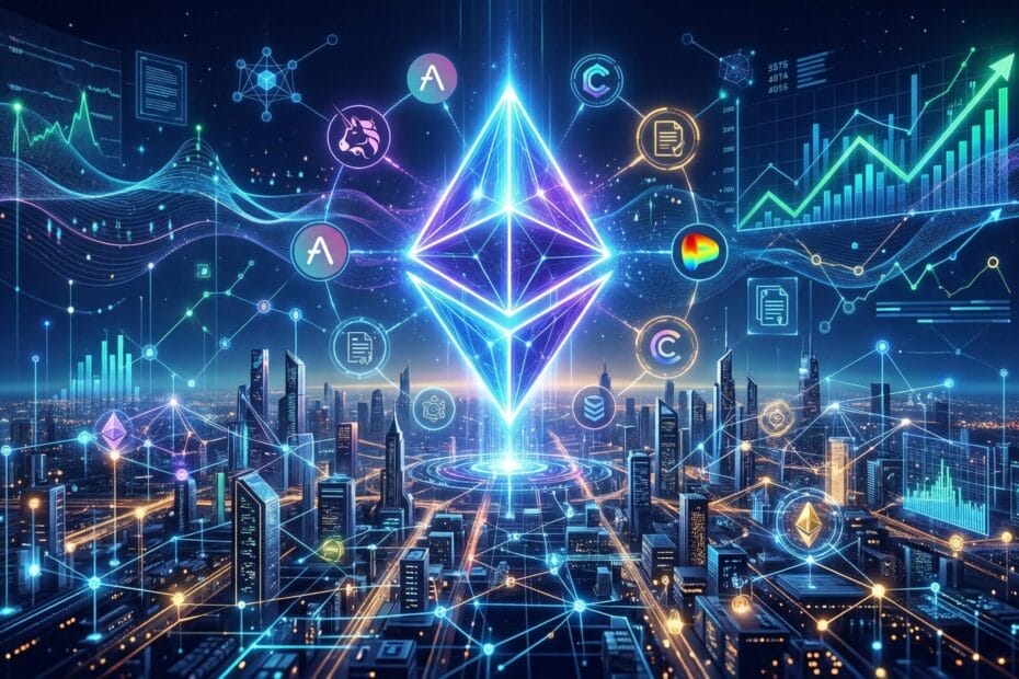 イーサリアムのシンボルとDeFiエコシステムを表す近未来的なイラスト