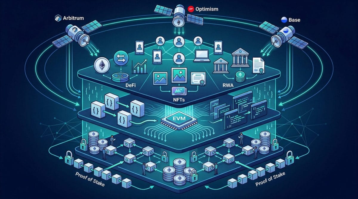 イーサリアムの技術スタック：PoS基盤、EVM、DeFi/NFT/RWAアプリケーション、L2ロールアップ